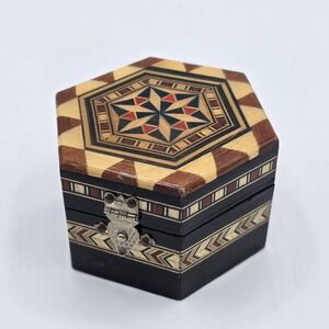 Vintage Moroccan Inlay Wood Jewelry Box Geometric Marquetry Hexagon